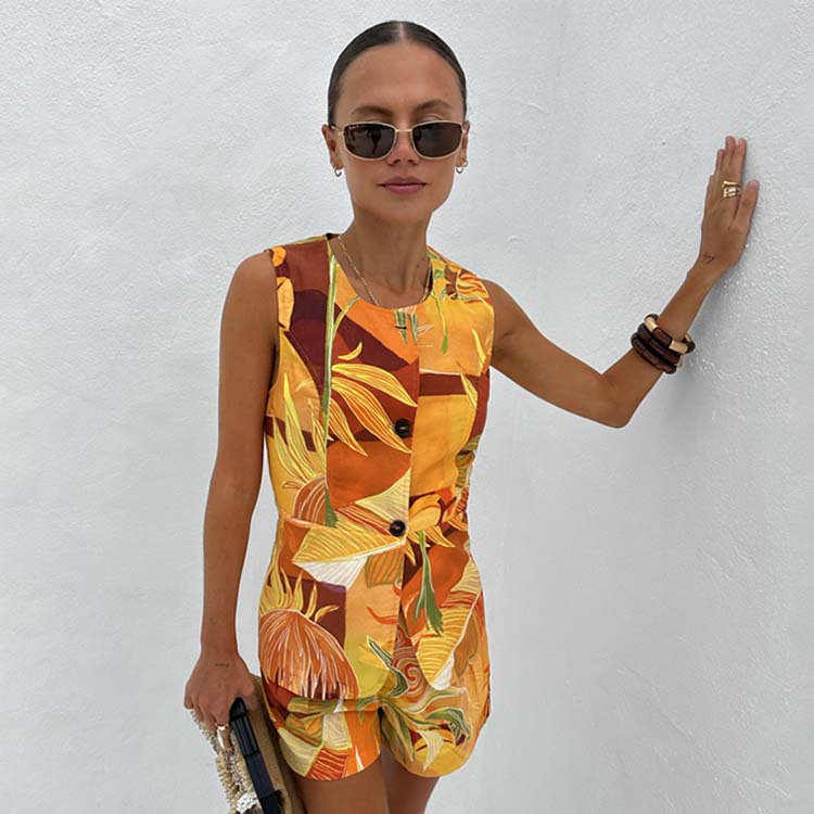 Tropical Print Waistcoat for Women | Verano Sol Cotton-Linen