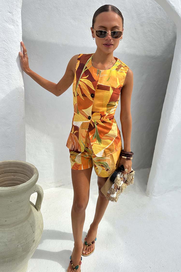 Tropical Print Waistcoat for Women | Verano Sol Cotton-Linen