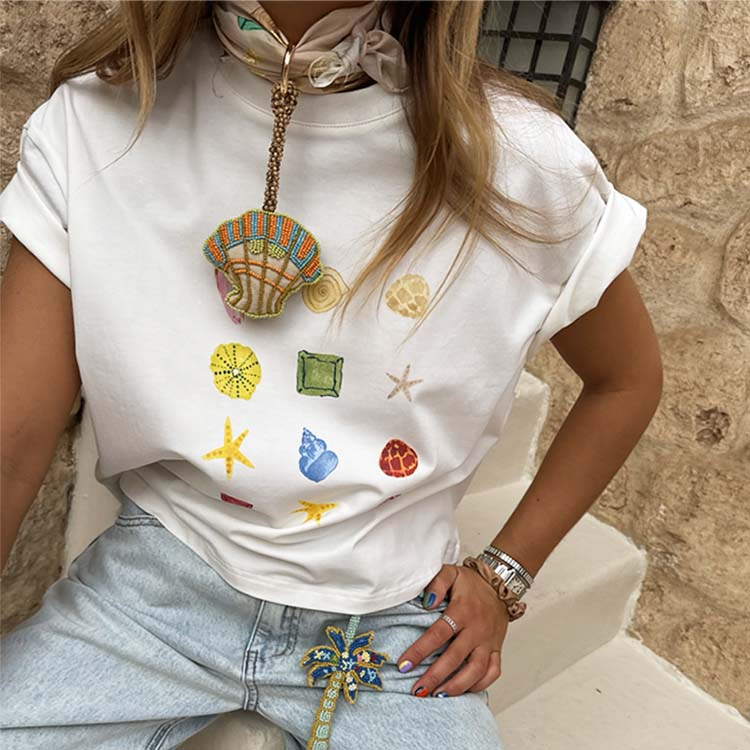 White Shell Print T-Shirt for Women | Hand-Painted Design & Drop Shoulder