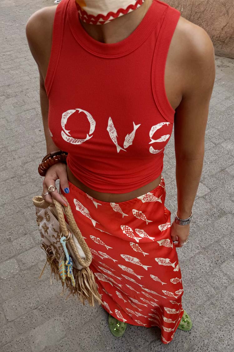 Red Fish Love Print Ribbed Tank Top | NFD X Caetana