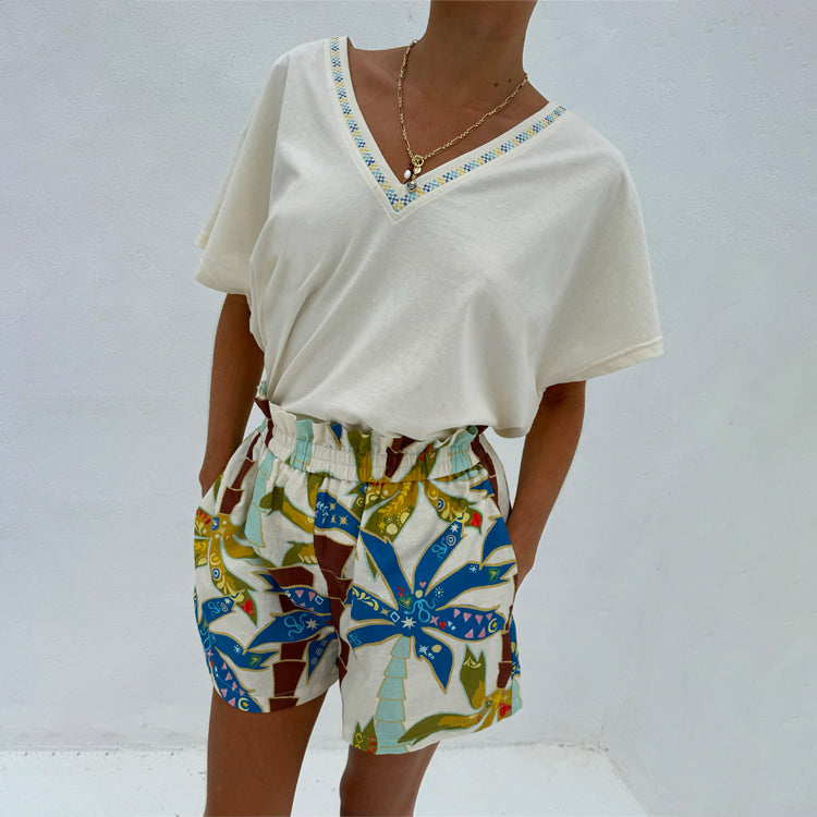 Palm Print Shorts with Elastic Waistband for Summer | Elissa