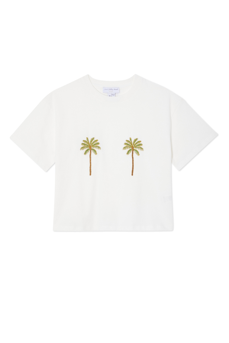 Embroidered Palm Tree Boob Tee - White Cotton T-Shirt | NFD