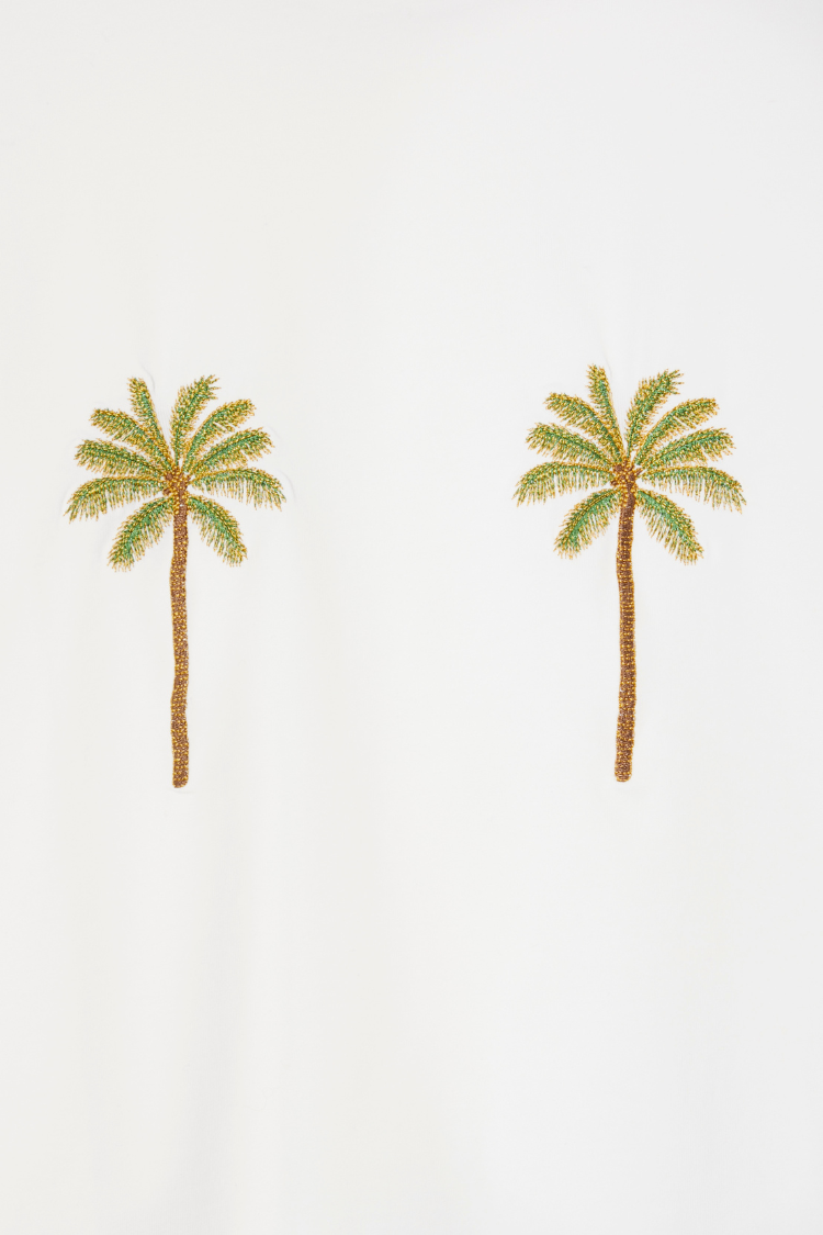 Embroidered Palm Tree Boob Tee - White Cotton T-Shirt | NFD