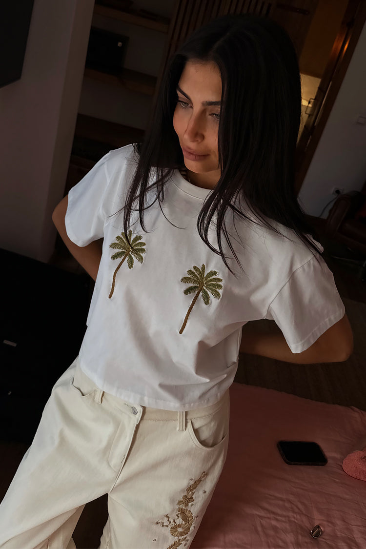Embroidered Palm Tree Boob Tee - White Cotton T-Shirt | NFD