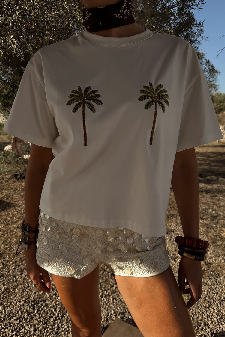 Embroidered Palm Tree Boob Tee - White Cotton T-Shirt | NFD