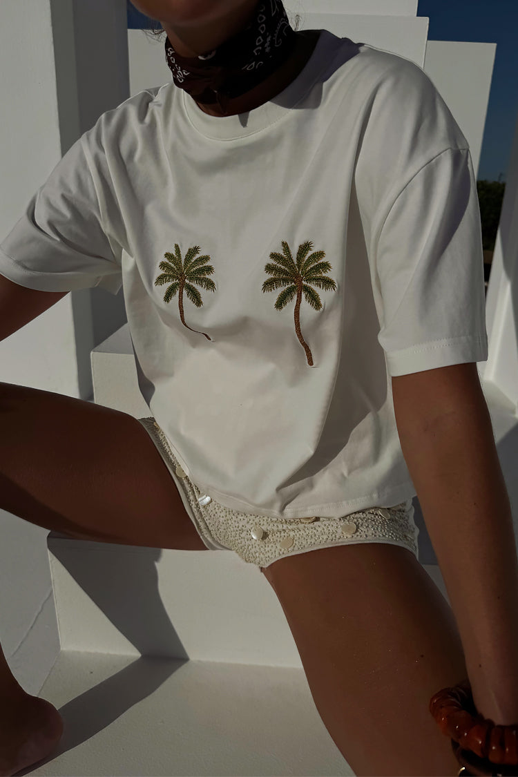 Embroidered Palm Tree Boob Tee - White Cotton T-Shirt | NFD