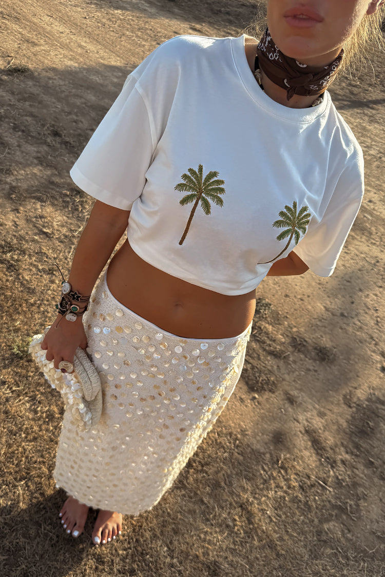 Embroidered Palm Tree Boob Tee - White Cotton T-Shirt | NFD