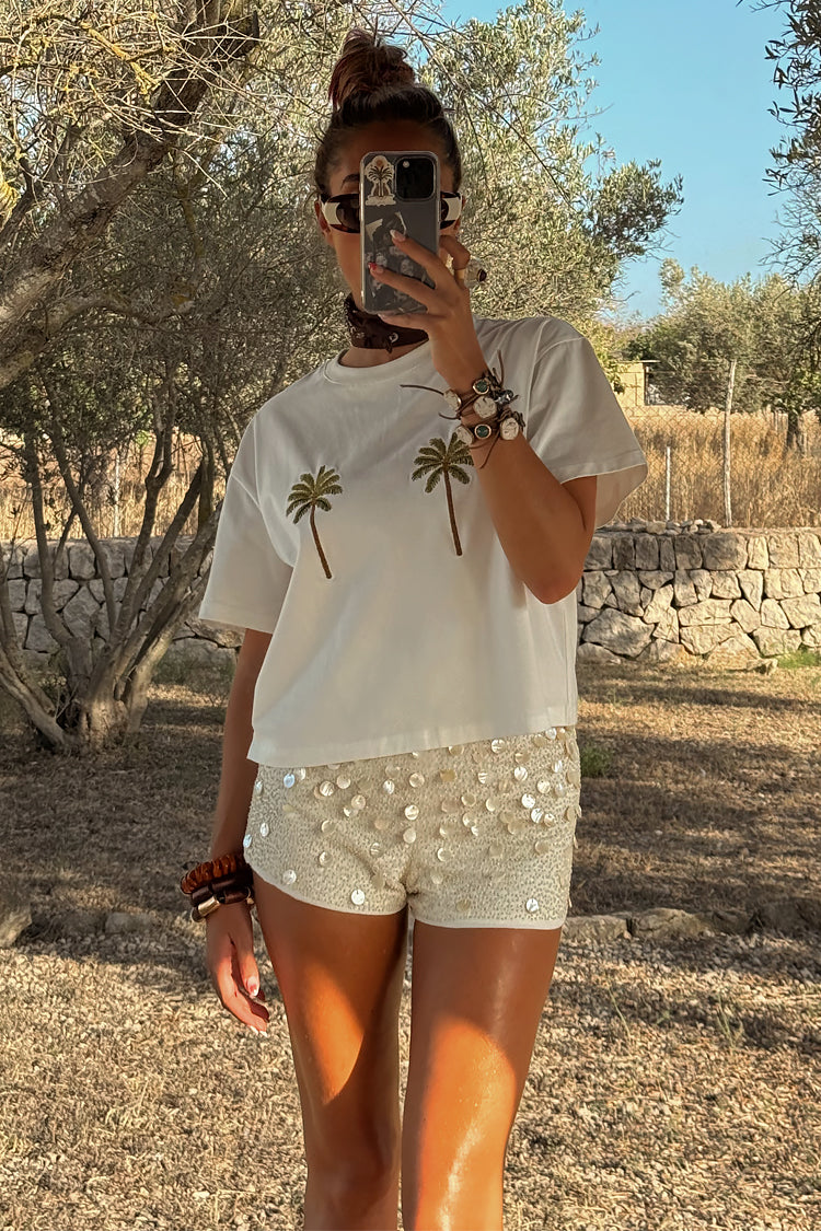 Embroidered Palm Tree Boob Tee - White Cotton T-Shirt | NFD
