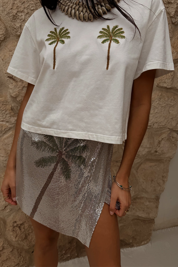 Embroidered Palm Tree Boob Tee - White Cotton T-Shirt | NFD