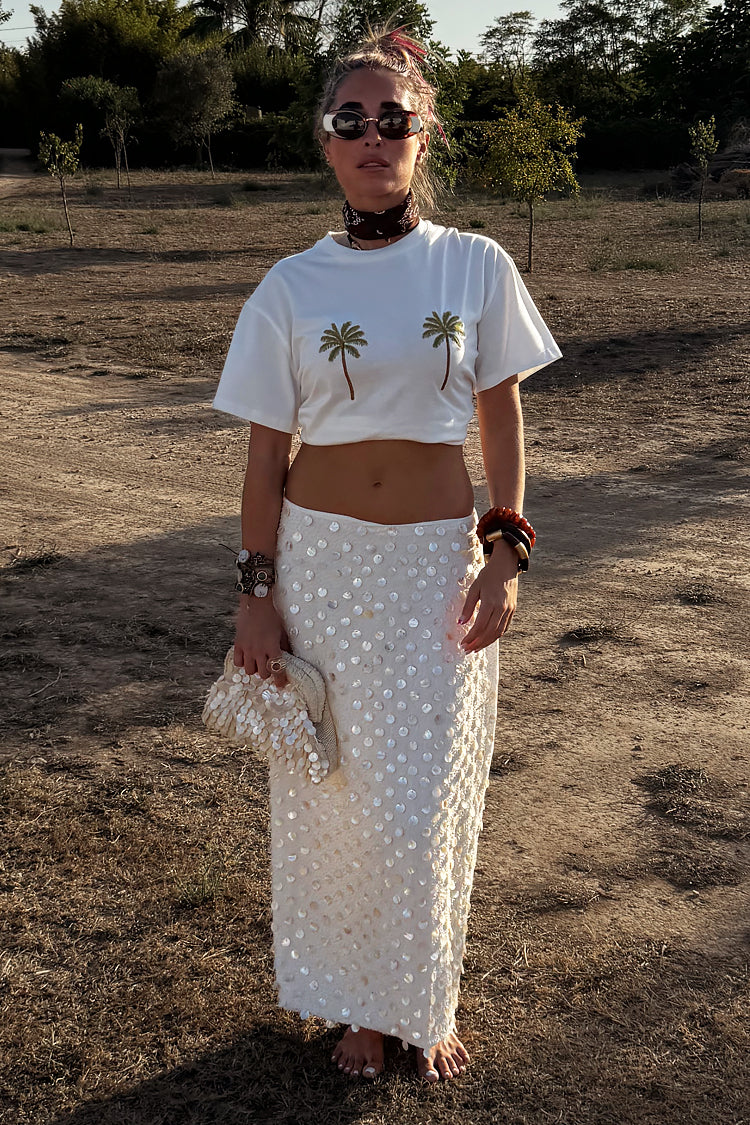 Embroidered Palm Tree Boob Tee - White Cotton T-Shirt | NFD