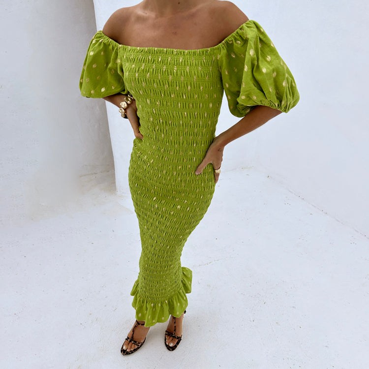 Olive Shirred Dress with Gold Fleck & Adjustable Neckline | Jojo