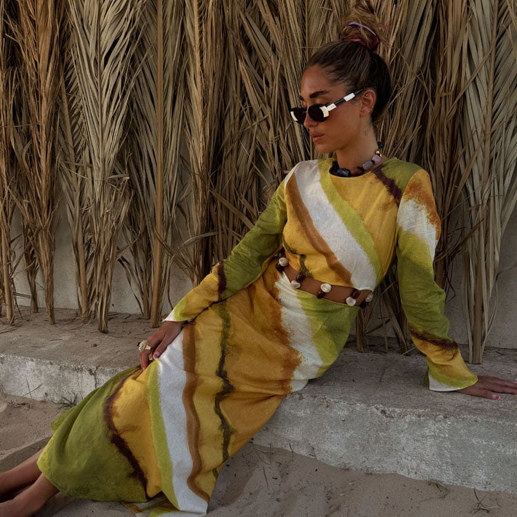 Green Ombre Cotton-Linen Dress with Gem Stone Detailing | Alba