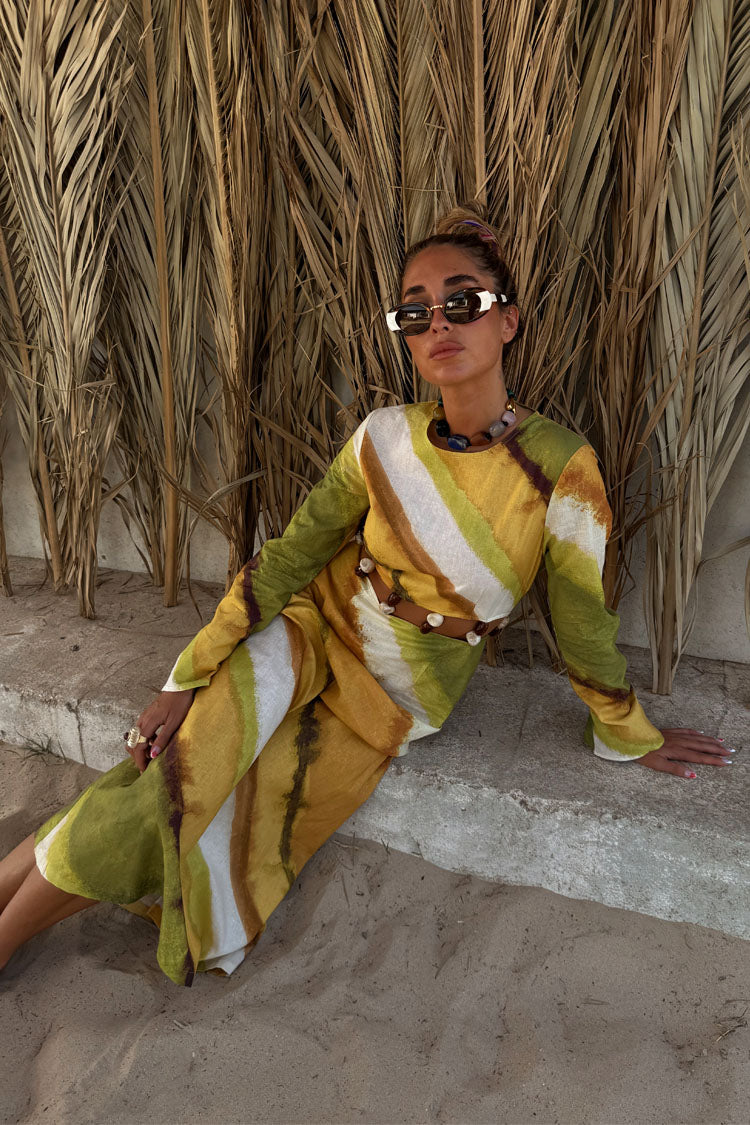 Green Ombre Cotton-Linen Dress with Gem Stone Detailing | Alba