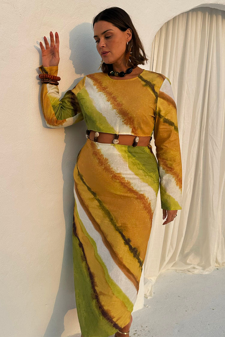 Green Ombre Cotton-Linen Dress with Gem Stone Detailing | Alba
