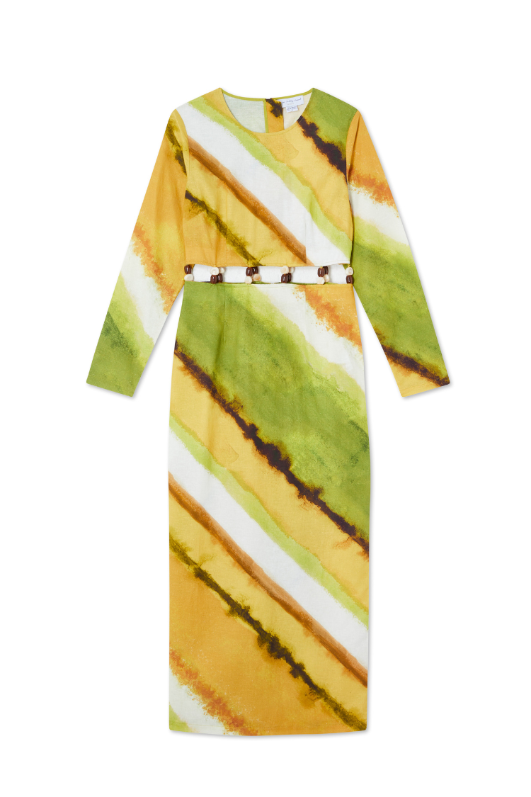 Green Ombre Cotton-Linen Dress with Gem Stone Detailing | Alba