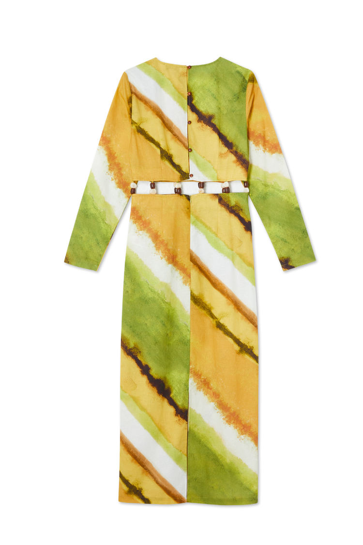Green Ombre Cotton-Linen Dress with Gem Stone Detailing | Alba