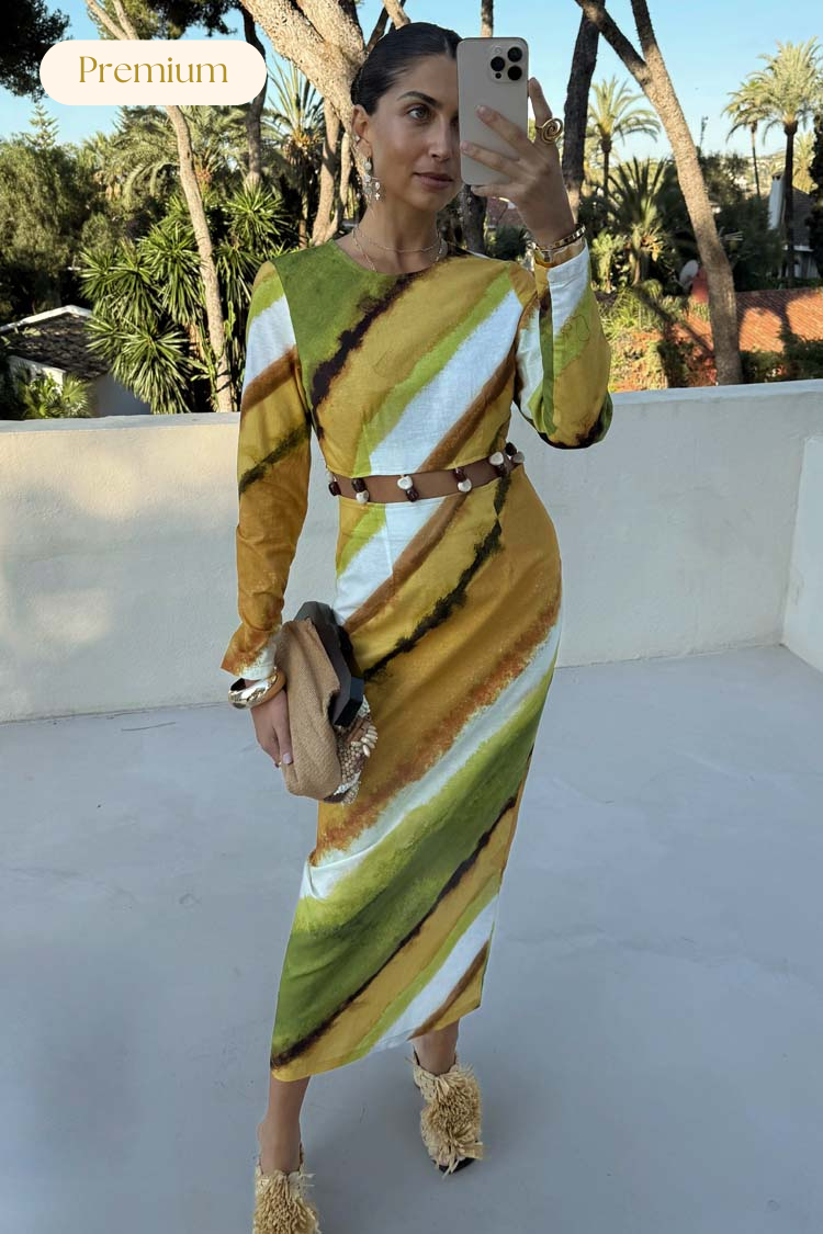 Green Ombre Cotton-Linen Dress with Gem Stone Detailing | Alba