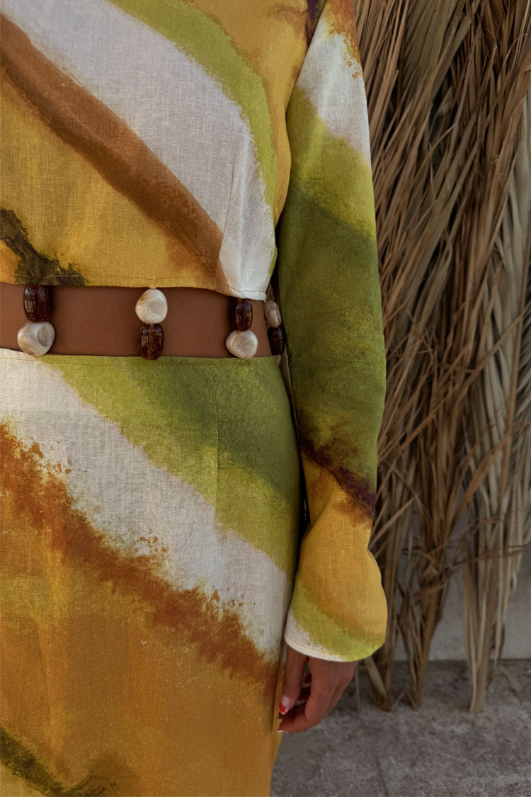 Green Ombre Cotton-Linen Dress with Gem Stone Detailing | Alba