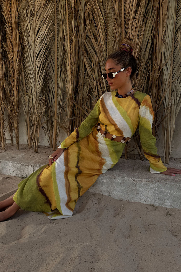 Green Ombre Cotton-Linen Dress with Gem Stone Detailing | Alba