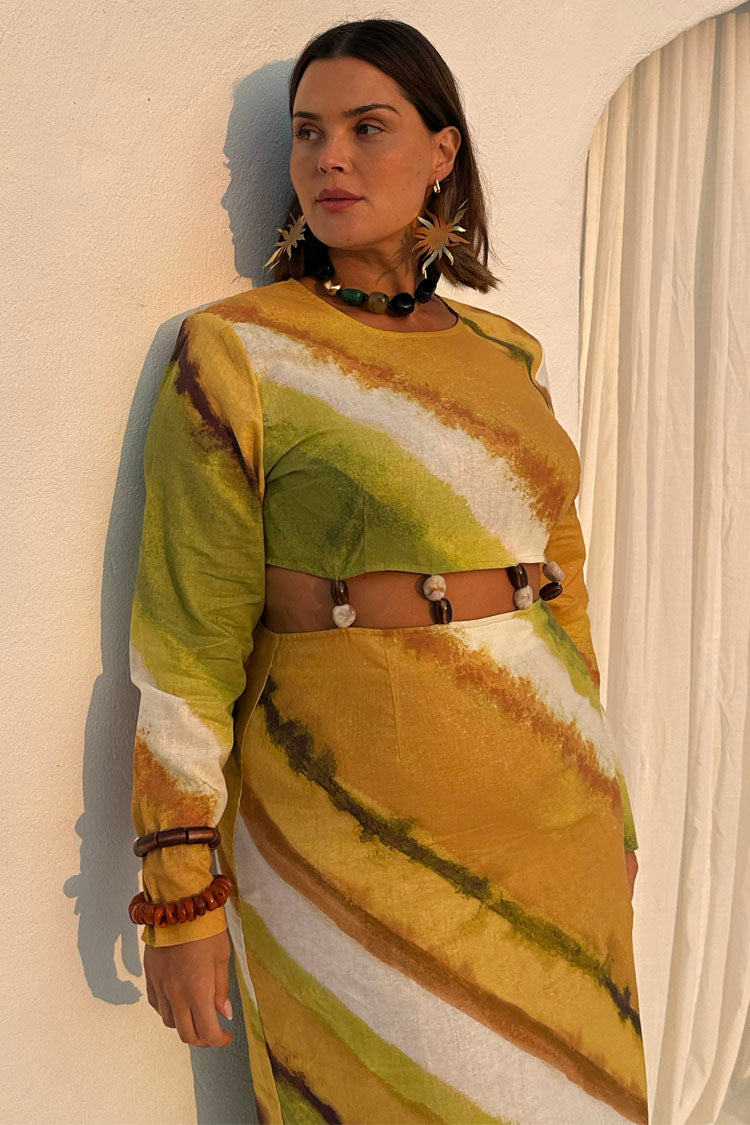 Green Ombre Cotton-Linen Dress with Gem Stone Detailing | Alba