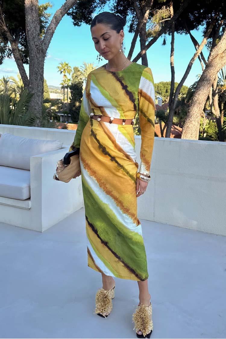 Green Ombre Cotton-Linen Dress with Gem Stone Detailing | Alba