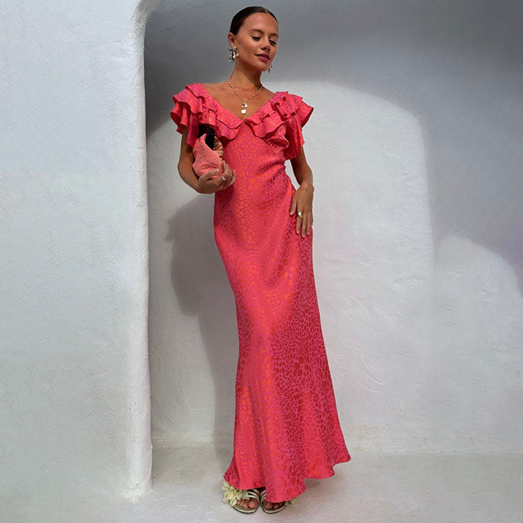 Pink Leopard Jacquard Dress for Weddings | V-Neck Pull-On Style