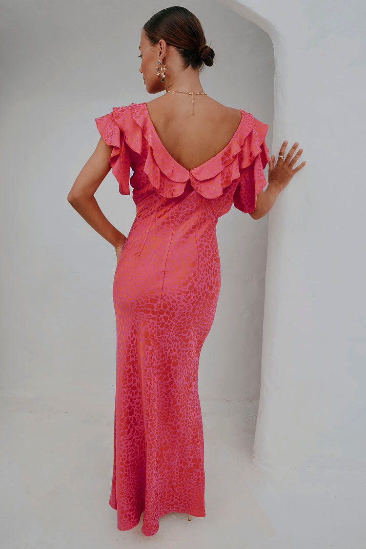 Pink Leopard Jacquard Dress for Weddings | V-Neck Pull-On Style