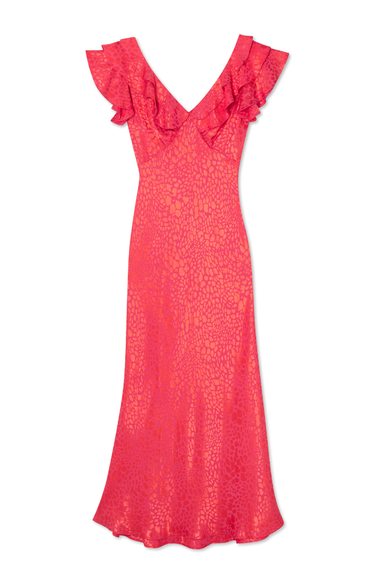 Pink Leopard Jacquard Dress for Weddings | V-Neck Pull-On Style
