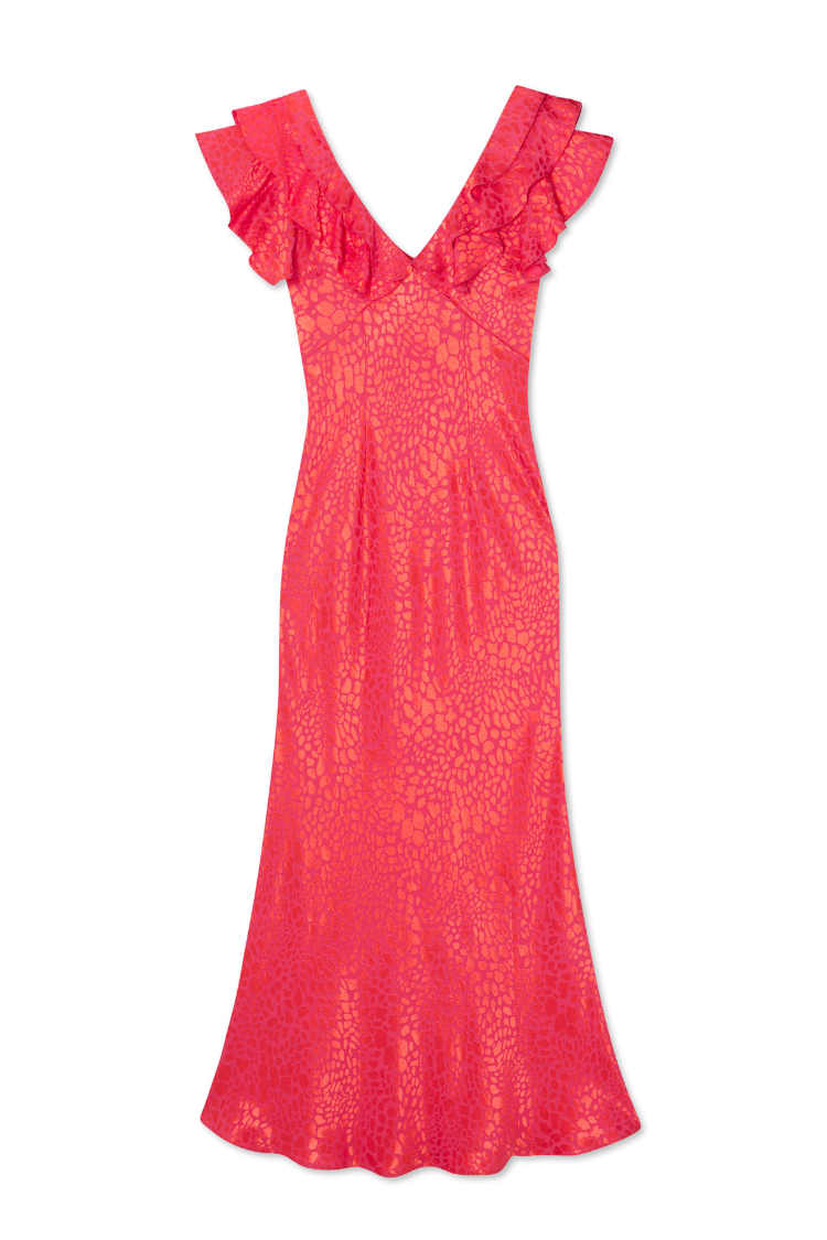 Pink Leopard Jacquard Dress for Weddings | V-Neck Pull-On Style
