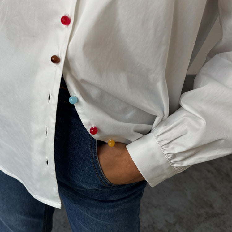 White Cotton Button-Up Shirt with Colorful Buttons | Charly