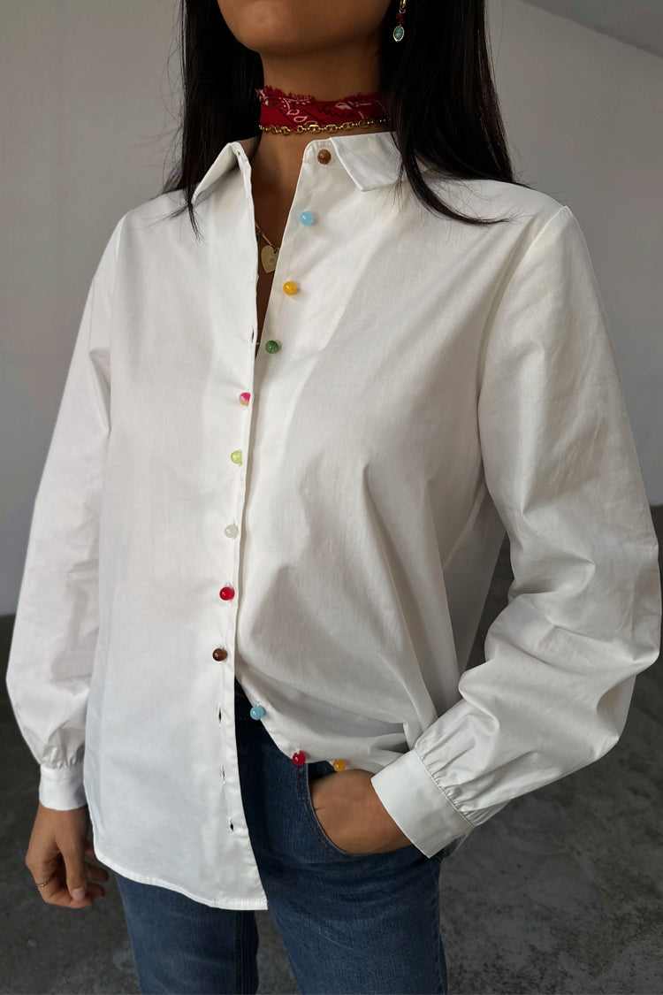 White Cotton Button-Up Shirt with Colorful Buttons | Charly