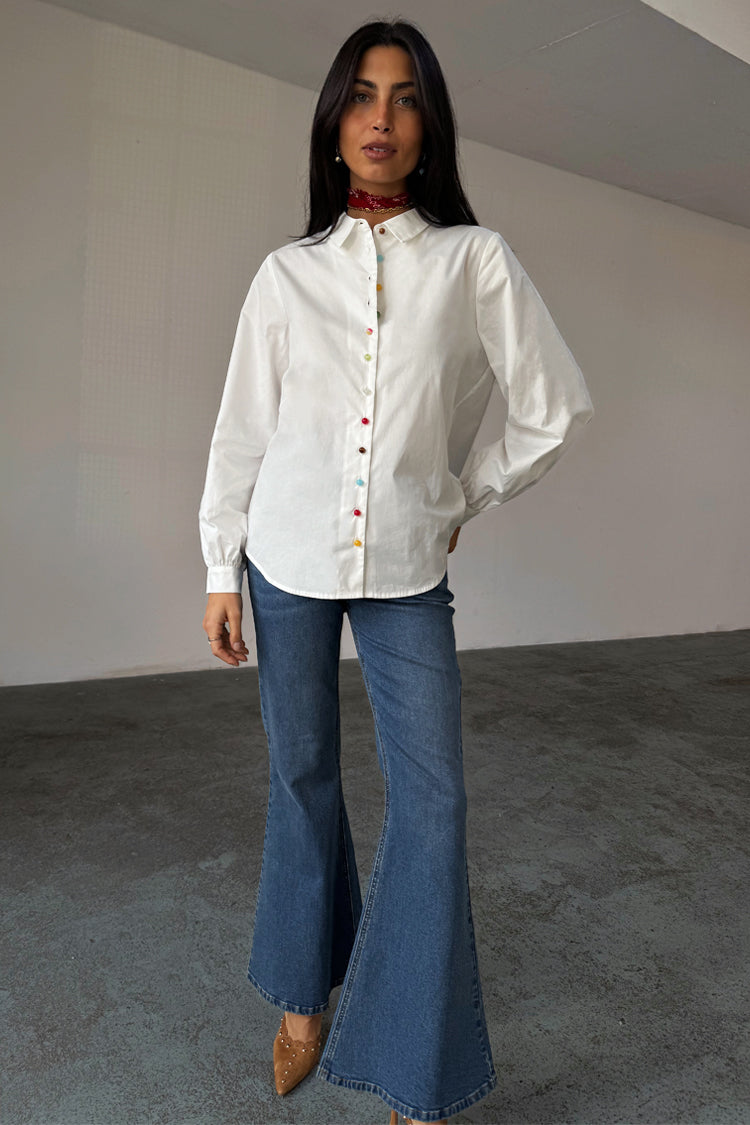 White Cotton Button-Up Shirt with Colorful Buttons | Charly