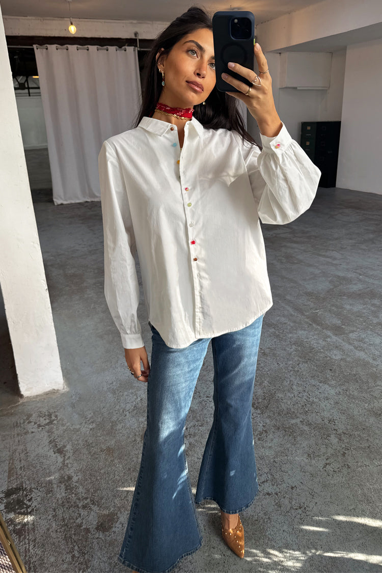 White Cotton Button-Up Shirt with Colorful Buttons | Charly