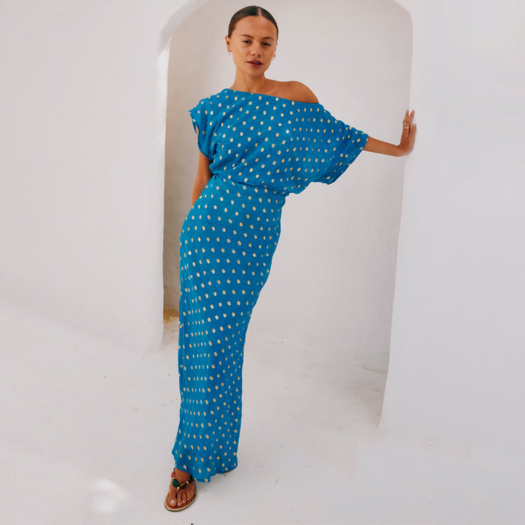 Off the Shoulder Blue Jacquard Dress with Elastic Waist | Tilly