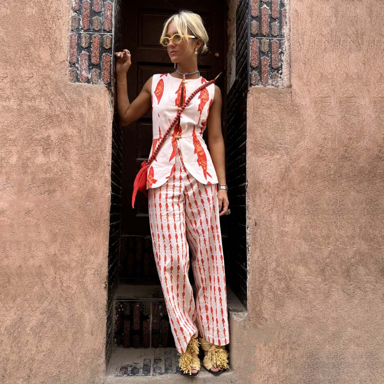 Red Fish Print Cotton Trousers for Summer | NFD X Caetana