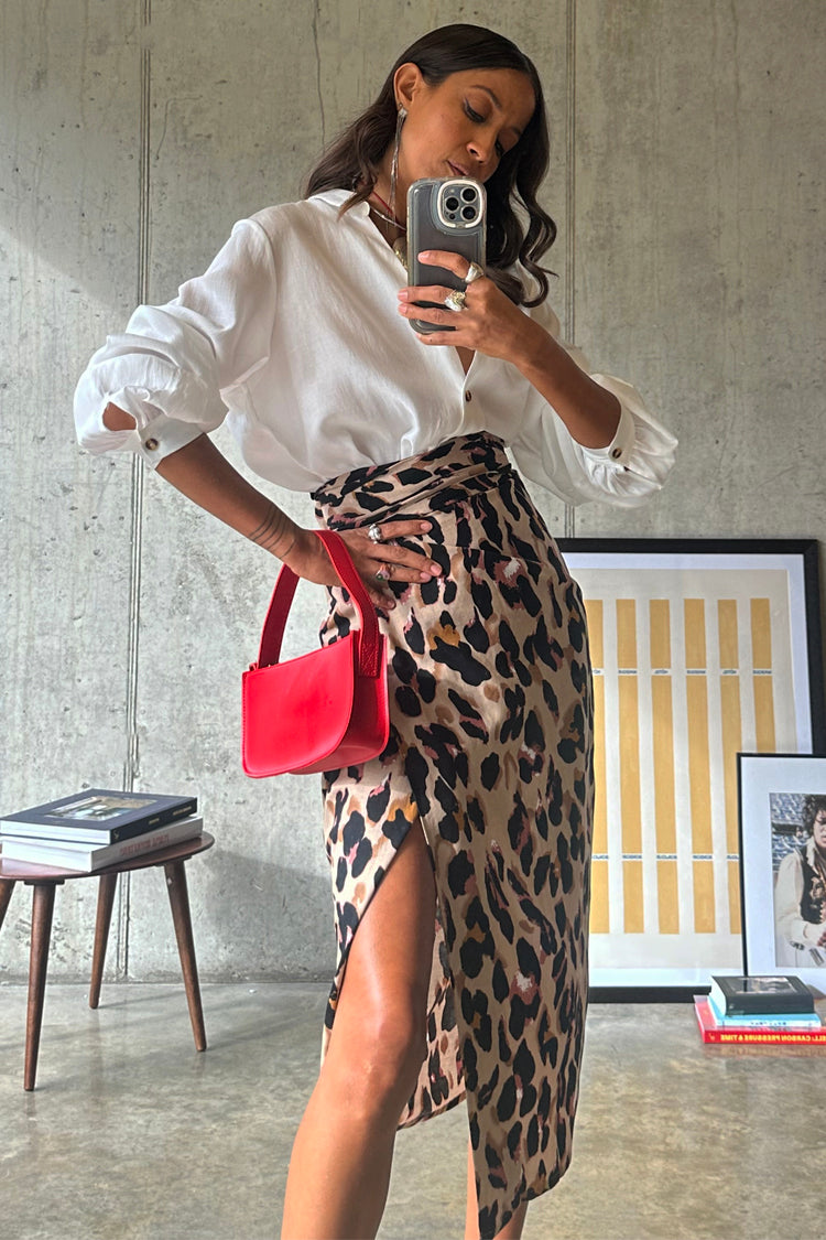 Brown Leopard Print Wrap Skirt with Adjustable Tie | Jaspre
