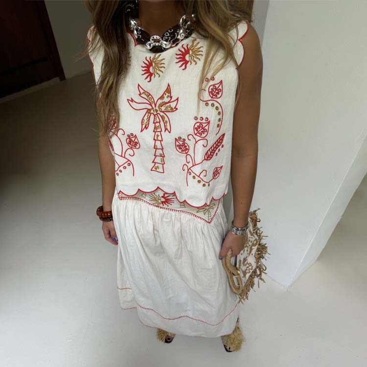 Cream & Red Multiwear Cotton Top with Scallop Trim | NFD X Caetana