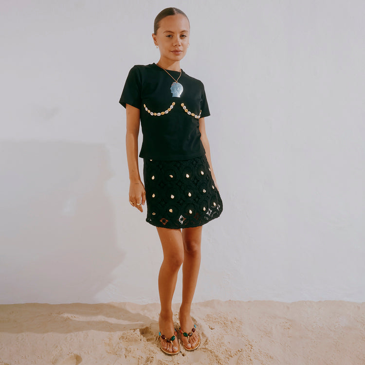 Black Crochet Wrap Skirt with Gold Shells | Beach Holiday Essential