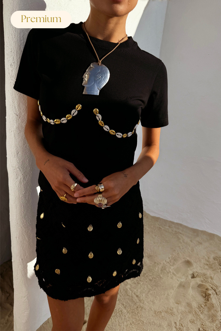 Black Crochet Wrap Skirt with Gold Shells | Beach Holiday Essential