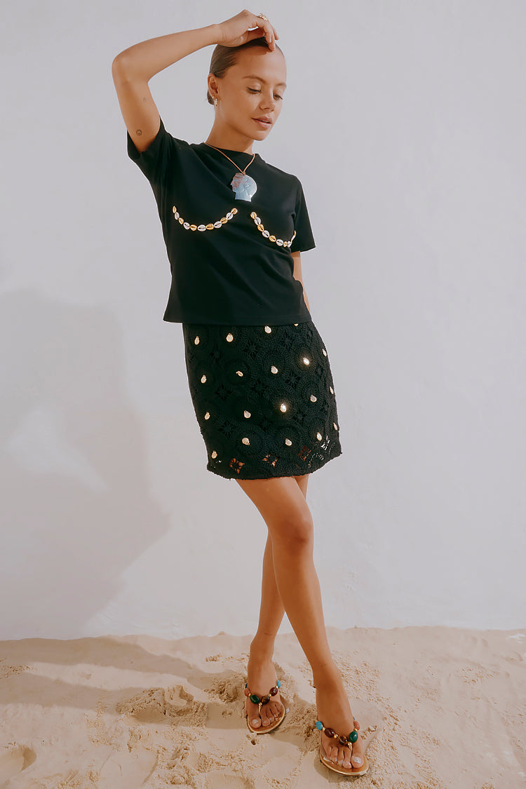 Black Crochet Wrap Skirt with Gold Shells | Beach Holiday Essential