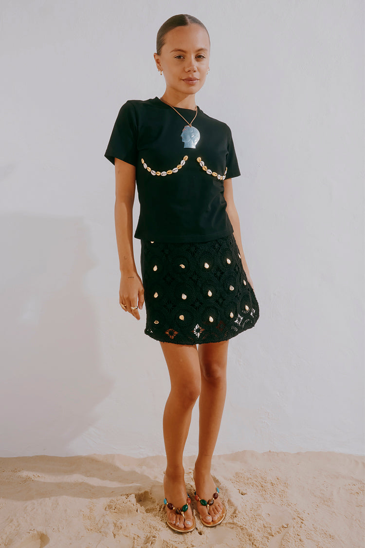 Black Crochet Wrap Skirt with Gold Shells | Beach Holiday Essential
