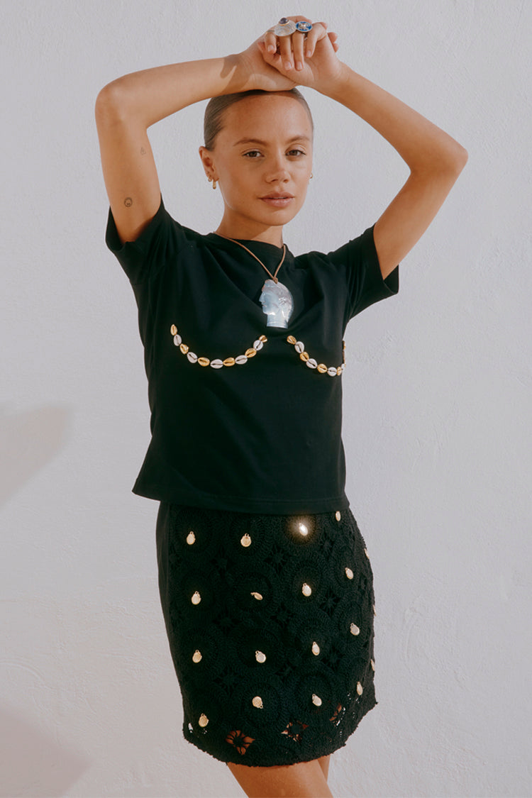 Black Crochet Wrap Skirt with Gold Shells | Beach Holiday Essential