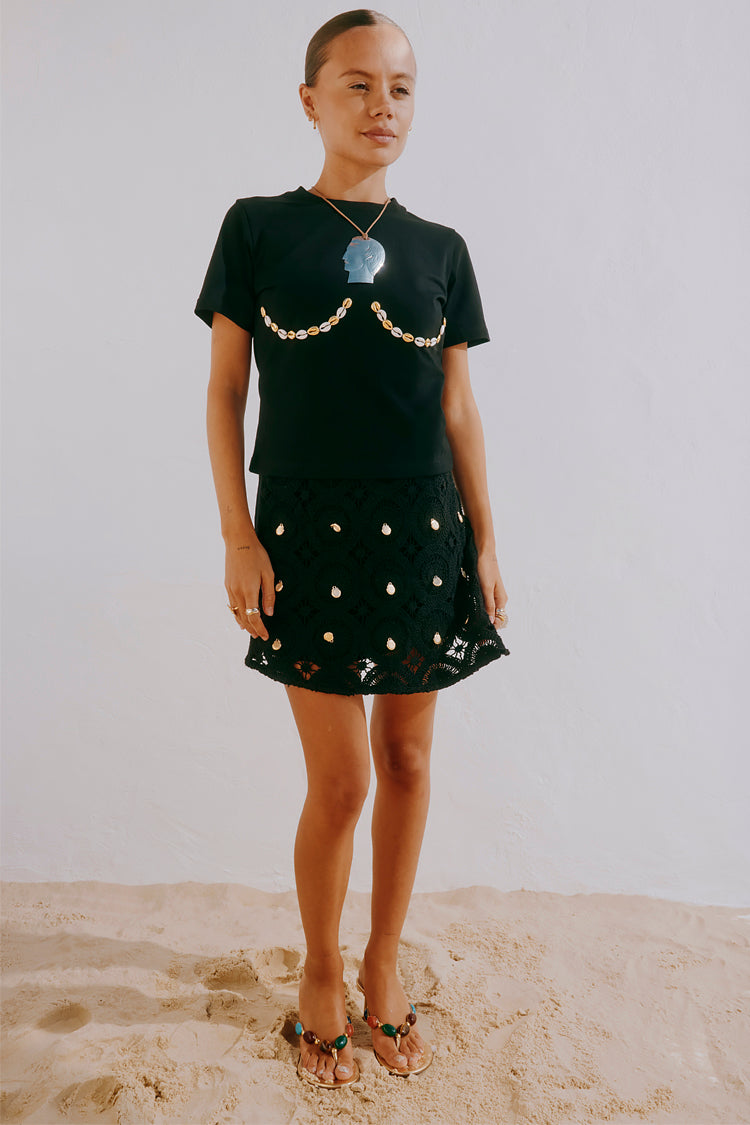 Black Crochet Wrap Skirt with Gold Shells | Beach Holiday Essential