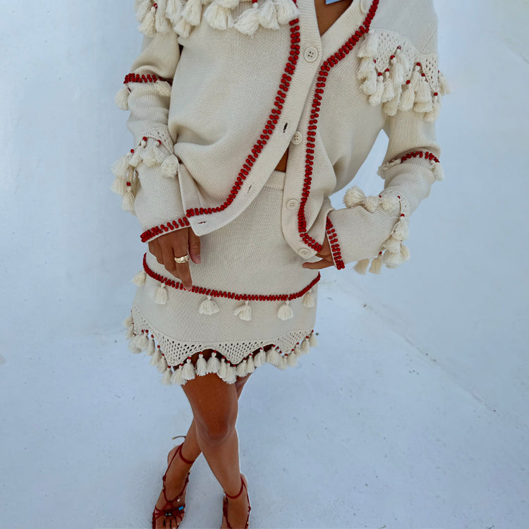 Lightweight Knit Skirt with Scallop Crochet & Beading | Ivory & Red