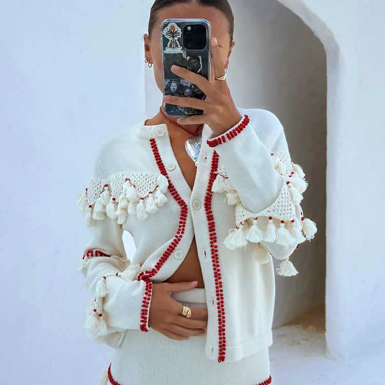 Lightweight Ivory & Red Knit Cardigan with Crochet Detailing | Harper