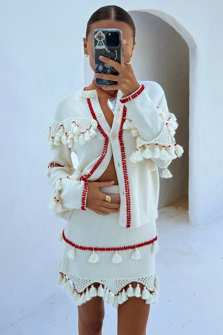 Lightweight Ivory & Red Knit Cardigan with Crochet Detailing | Harper