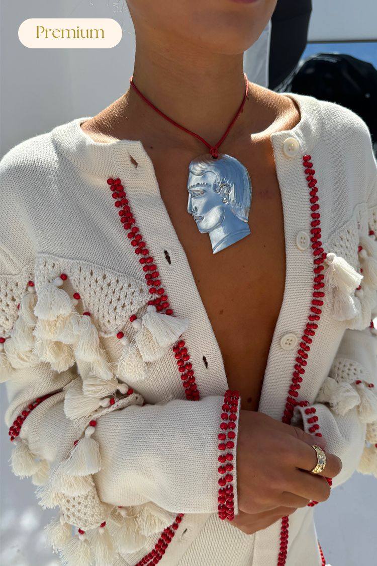 Lightweight Ivory & Red Knit Cardigan with Crochet Detailing | Harper
