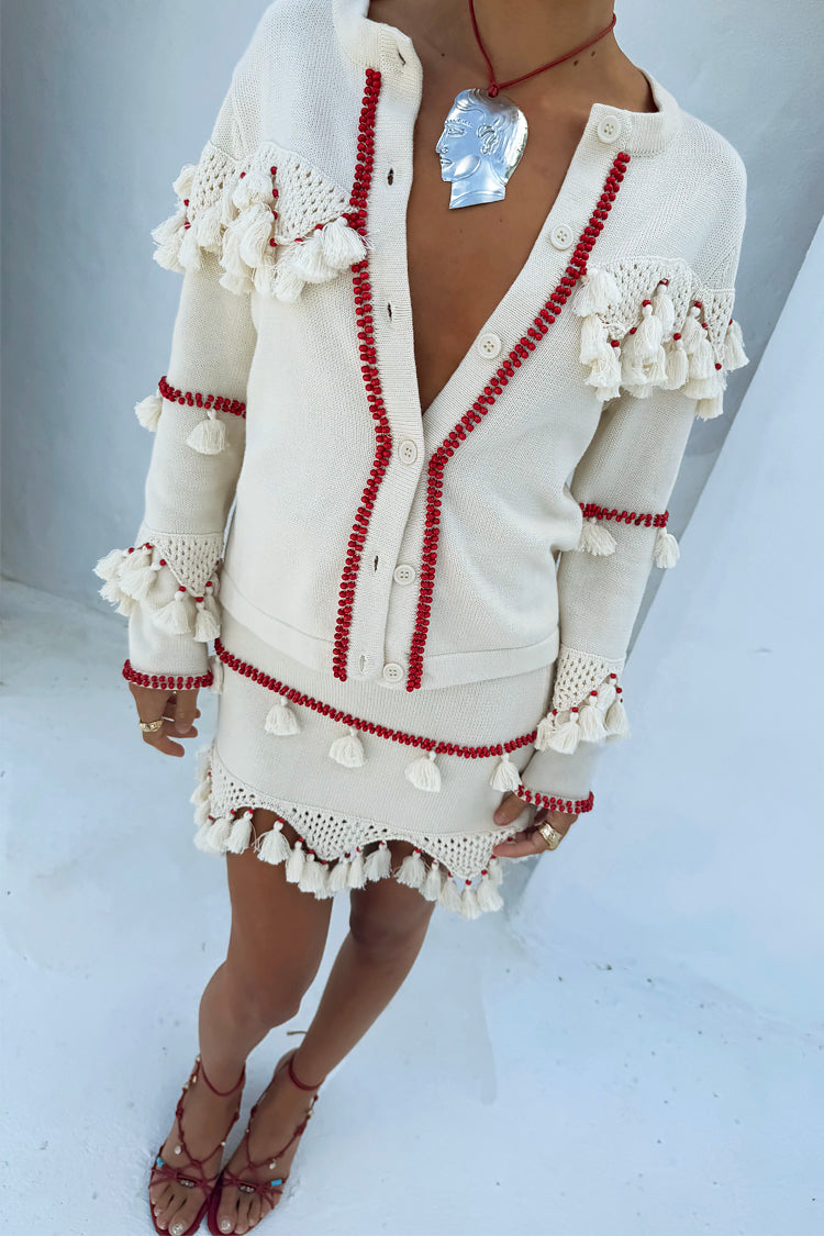 Lightweight Ivory & Red Knit Cardigan with Crochet Detailing | Harper