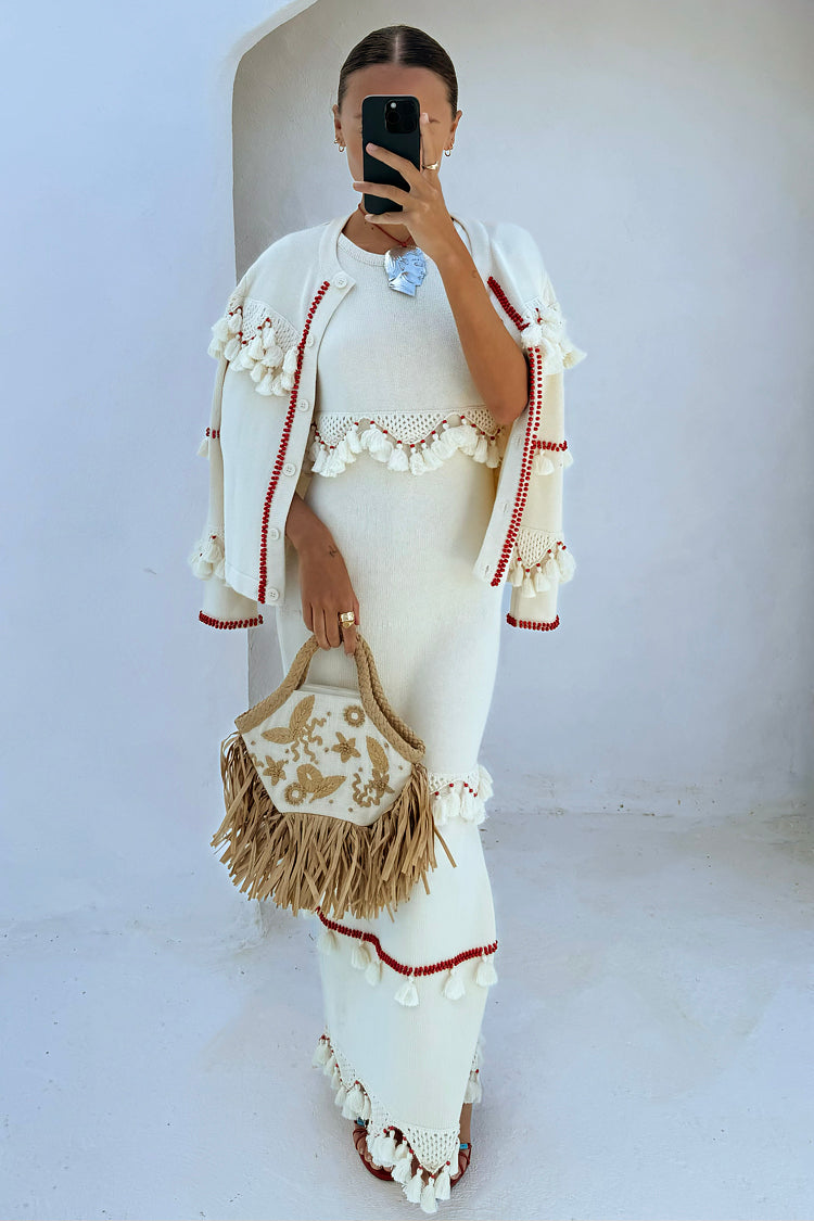 Lightweight Ivory & Red Knit Cardigan with Crochet Detailing | Harper