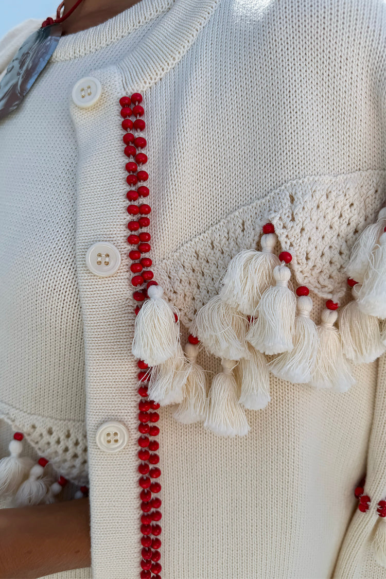 Lightweight Ivory & Red Knit Cardigan with Crochet Detailing | Harper